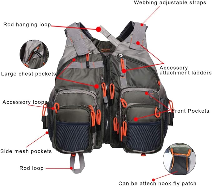 Waxaya Lightweight Fly Fishing Vest with Multi Pockets Adjustable Size Mesh Fishing Backpack for Men and Women