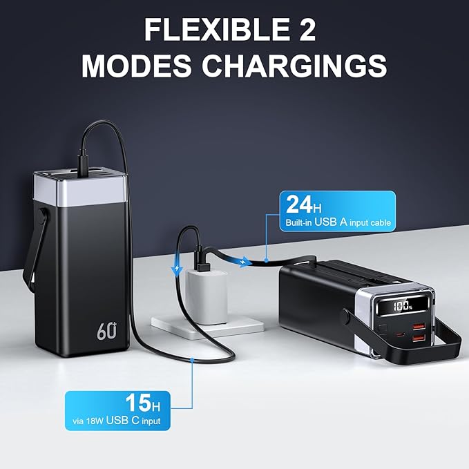 Portable Charger Power Bank 60000mAh, 22.5W USB-C Fast Charging Battery Pack with Built-in USB-C/iOS/Micro USB Cables, 5 Output & 2 Input PowerBank Compatible with iPhone 17 16 Android Samsung