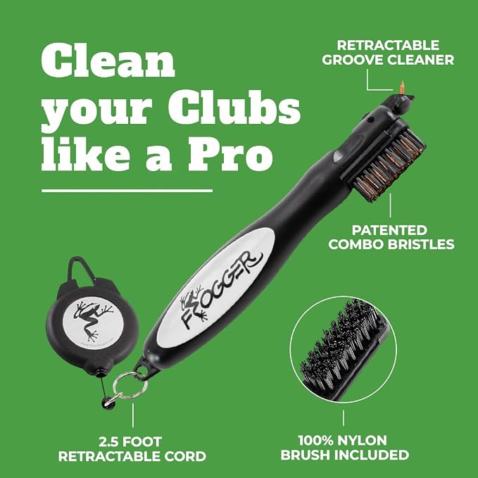 Frogger BrushPro Golf Club Cleaner with Ergonomic Grip and 2.5 ft. Retractable Cord - Sturdy Golf Club Brush and Groove Cleaner for Golfers
