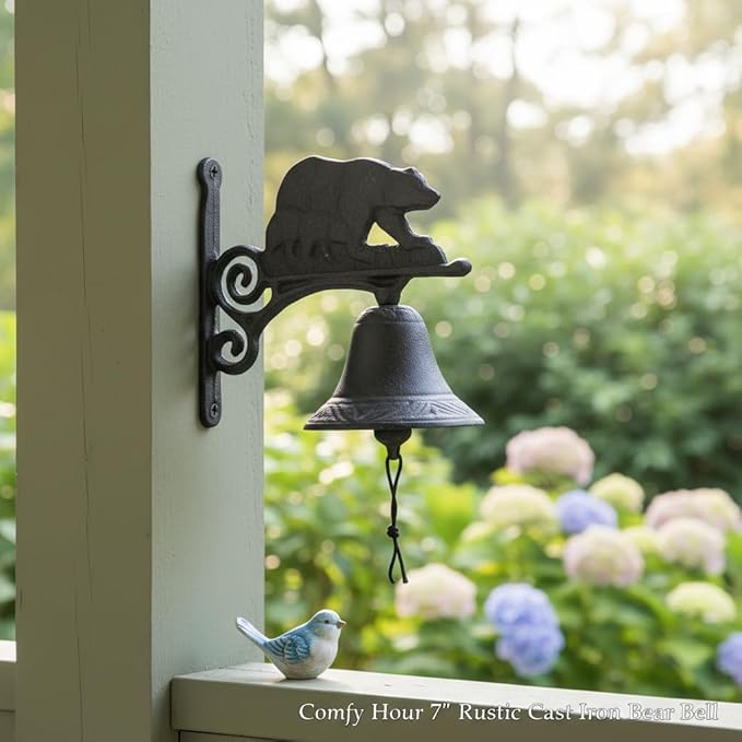 Comfy Hour 7.8" Heavy Duty Cast Iron Bear Dinner Bell, Loud Resonant Wall Mounted Outdoor Doorbell for Farmhouse, Garden & Cabin, Decorative Wildlife Metal Bell for Porch, Antique Black Finish