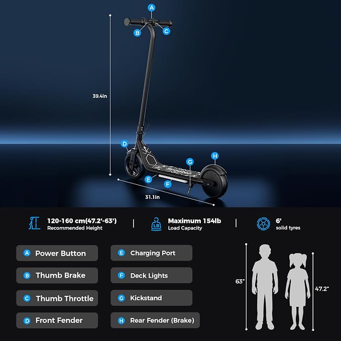 Electric Scooter for Kids Ages 6-12, 150W Motor, Simple One-Button Control, 2 Safe Speeds (6/10 MPH), K2 Pro for 3 Speeds, Colorful Lights, Magnetic Charging, Dual Brake System, 154 Lbs Load Capacity