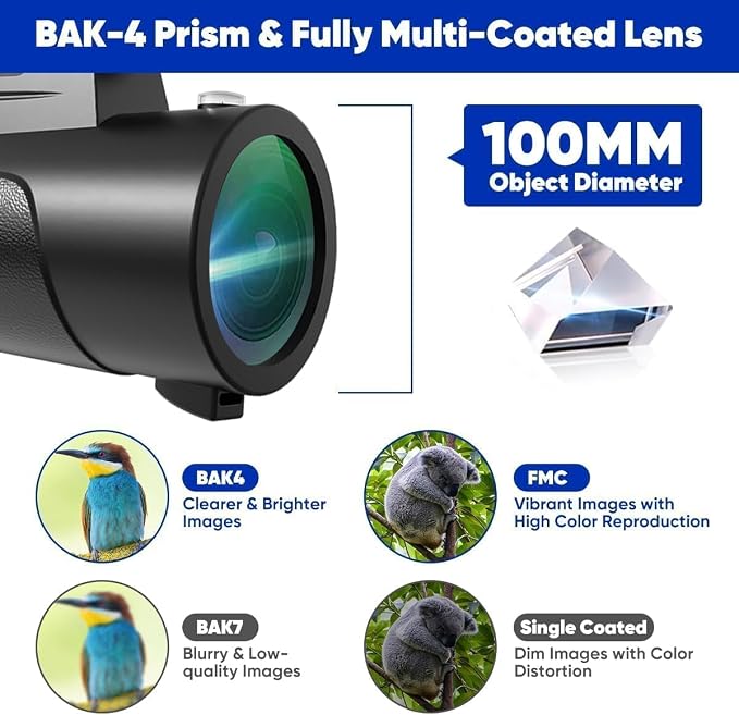 Monocular Telescope with Lights HD Monoculars 80x100 for Adults High Powered Monocularwith Smartphone Holder & Tripod, Handheld Telescope Suitable for Bird Watching Stargazing-Black