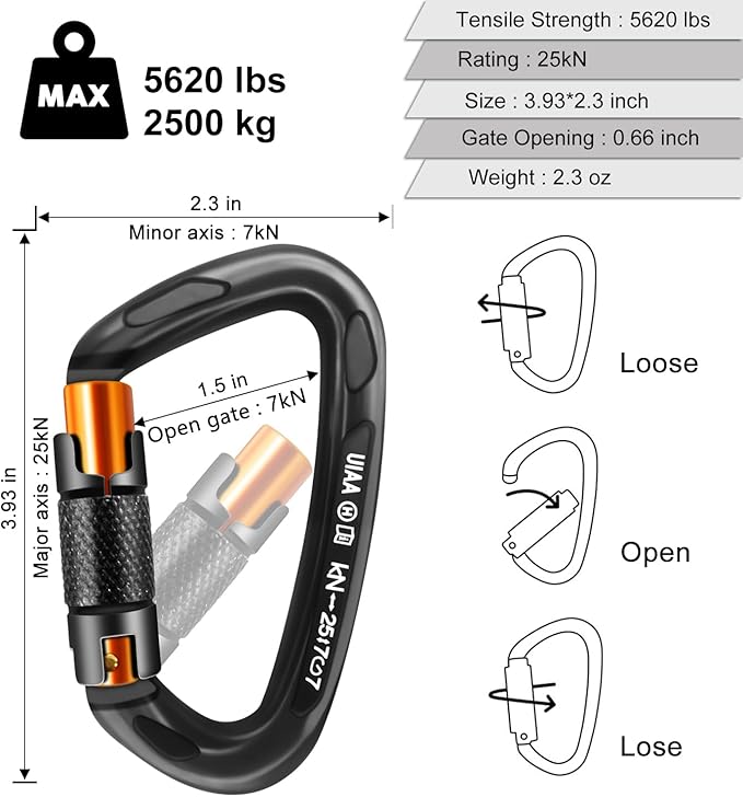 UIAA Certified Professional Heavy Duty Large Locking Carabiner Clips Climbing Carabiner 25kN Auto Locking Carabiner for Rock/Ice Climbing Rappelling Rescue Swing etc, D Shaped