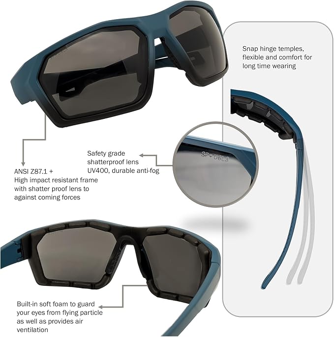 ANSI Z87.1+ Safety Sunglasses, Impact Resistant with EVA Foam, Anti-Fog Windproof for MTB, Cycling, Shooting, Work