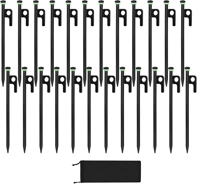 24Pcs Tent Stakes, 8in Heavy Duty Tent Stakes with Storage Pouch, Dia 0.35in Forged Steel Stakes for Tent Used on Rocks, Grassland(24Pcs 8in Stakes)