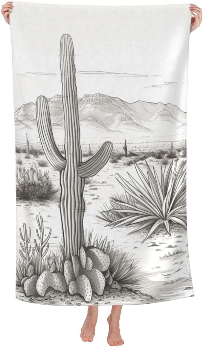 Southwestern Cactus Beach Towel, 32x52in Microfiber Quick Dry Desert Landscape Monochrome Bath Towels, Soft Lightweight Oversized Sand Free, for Travel Pool Swimming Gym Decor, Gifts