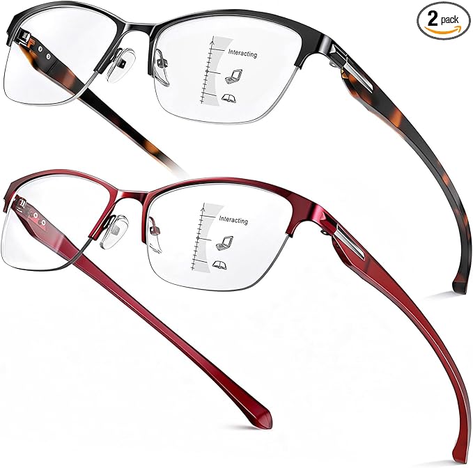SKYOAK 2 Pack Stylish Progressive Reading Glasses for Women, Metal Half Frame Fashion Anti UV400/Eye Strain Computer Readers, Cat Eye Modern Design Ladies No-Line Multifocal Eyeglasses, +1.5