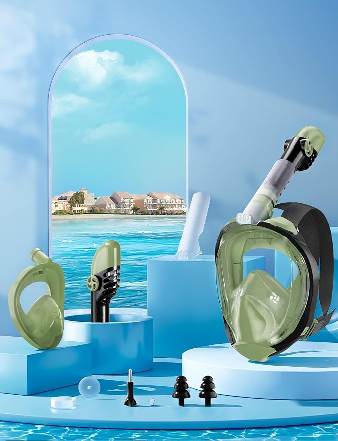 Full Face Snorkel Mask for Adults, 180° Panoramic Anti-Fog Snorkeling Gear with Dry Top System & Camera Mount, Foldable Anti-Leak Design for Travel, Swimming & Ocean Snorkeling