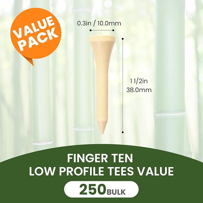 FINGER TEN Short Golf Tees 1 1/2 Inch Wood for Par 3 & Iron Shots Bulk 250/500 Pack, Bamboo Tee for Stable Low-Tee Height in Natural, Red, and USA Flag