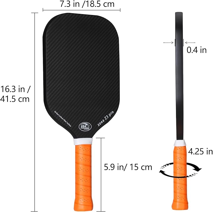 ZOEA Pickleball Paddle, Edgeless 3K T700 Carbon Fiber, CFS + CAS Dual Surface, High Grit & Spin, 16MM Honeycomb Core, USAPA Approved, 8.2oz for Men Women