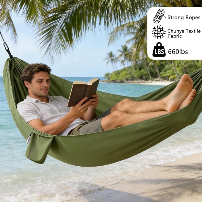 Camping Hammock, Portable Hammocks with Tree Straps & Attached Carry Bag, Travel Tree Hammocks for Outside Indoor Hiking Beach Backpack Travel(Green, Polyester Pongee)