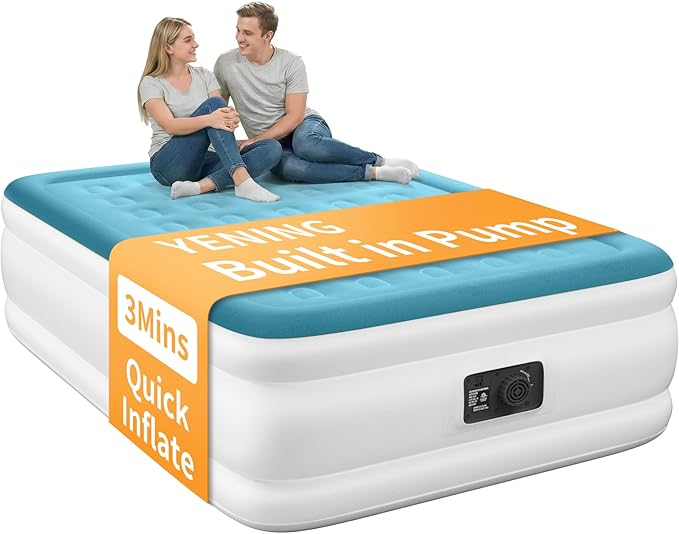 YENING Full Size Air Mattress with Built in Pump Raised Double Blow up Bed Inflatable Camping Airbed Electric 18 Inch Tall Blue