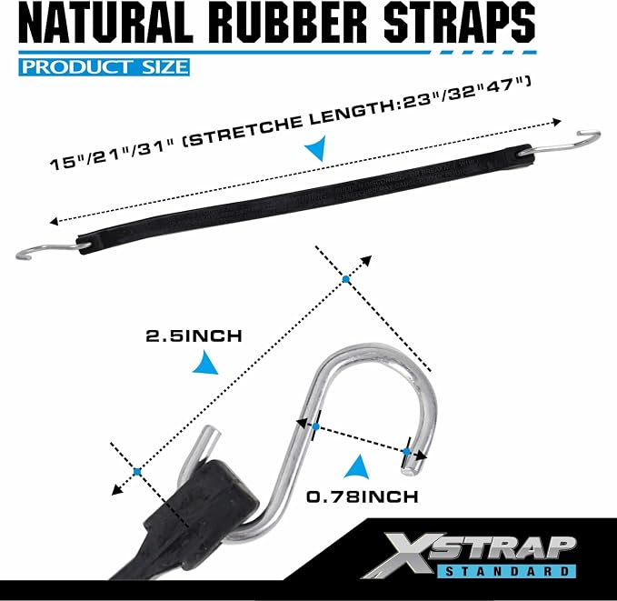 XSTRAP STANDARD 20 Pack Multiple Size Natural Rubber Tarp Bungee Straps 100% EPDM Tie Down Cords with S Hooks Heavy Duty Ideal for Securing Tarps