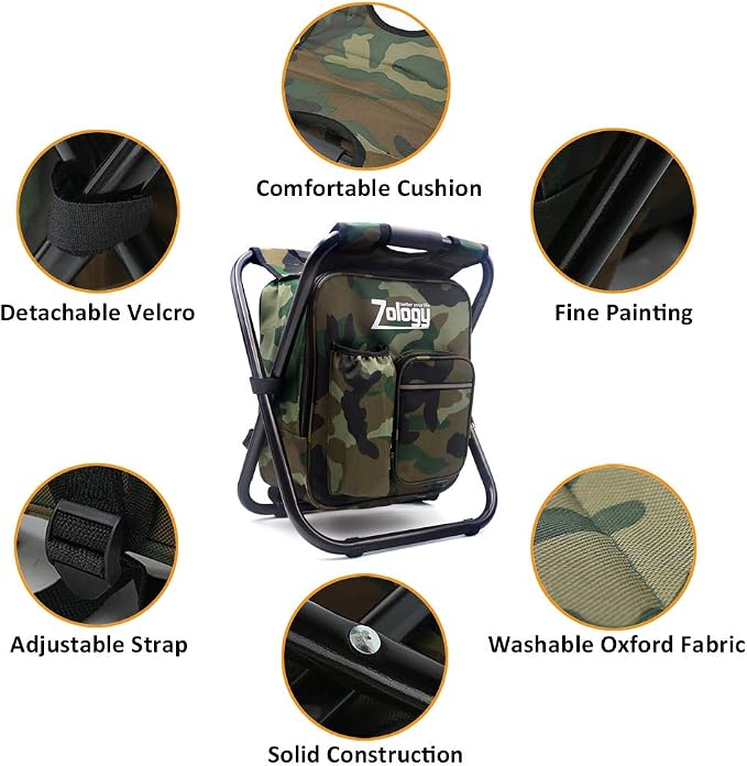 Folding Camping Chair Stool Backpack with Cooler Insulated Picnic Bag, Hiking Camouflage Seat Table Bag Camping Gear, Outdoor Fishing Hunting Gifts for Men