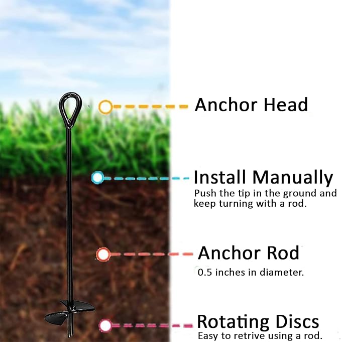 Ashman Black Ground Anchor (8 Pack) 15 Inches in Length and 10MM Thick in Diameter with 65 Feet of Rope