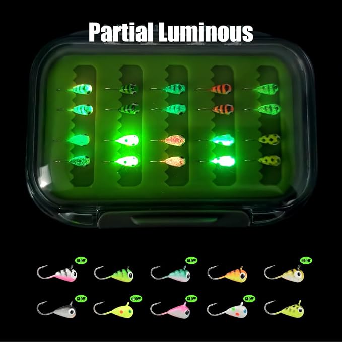 Tungsten Ice Fishing Jigs Kit, 3.2/4/5mm Glow in Dark Tear Drop Ice Fishing Lure Jigs with Waterproof Two-Sided Jig Box Assortment 20/24/30