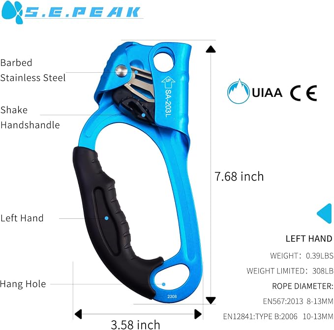 UIAA & CE Certified Climbing Rappelling Equip Hand Ascender Left Right Hand for 8-13mm Rope 4kN