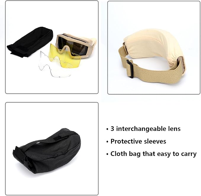 SPOSUNE Airsoft Tactical Goggles with 3 Interchangable Lens Impact resistance Hunting Eyewear, UV400 Protection Shooting Glasses for Men Women Motorcycle Riding Wargame Paintball Khaki