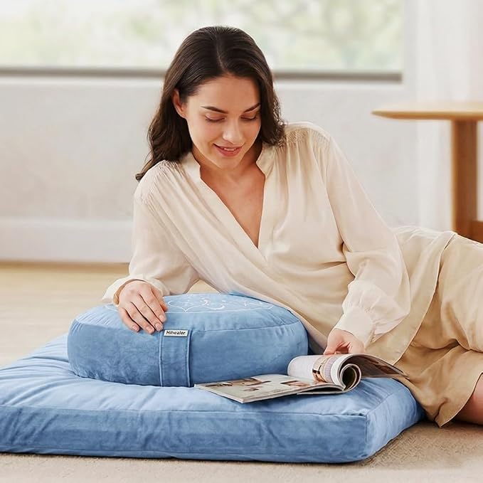 Hihealer Meditation Cushion, Traditional Tibetan Meditation Pillow Velvet Cover - Large Floor Cushion Seating for Adults - Yoga Buckwheat Bolster for Women、Moms