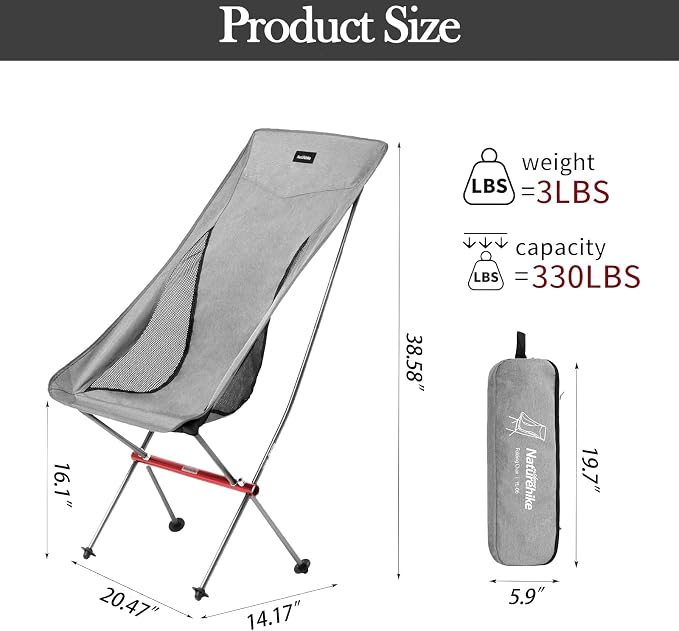 Naturehike Camping Chair, Foldable with Storage Bag, Outdoor Portable Chair for Adults, Lightweight, Supports 330lbs, Backpacking Chair for Fishing, Hiking, Beach, Lawn