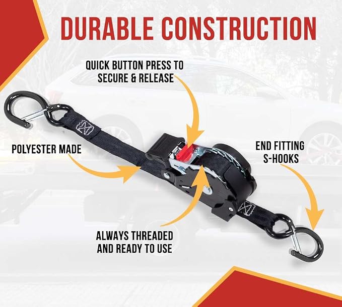 Mytee Products 4 Pack 1''x12' Retractable Ratchet Straps with Safety Lock S Hook, 1500 Breaking Strength, 4 Soft Loops & Storage Bag - Self Ratcheting Tie Down Strap for Boat, Jet Ski, ATVs, Bikes