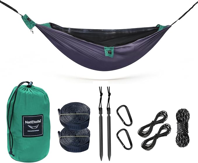 Camping Hammock with Mosquito Net, Ultralight Backpacking Hammock with Tree Straps & Stakes, 210T Parachute Nylon Portable Single Outdoor Hammock with Integrated Stuff Sack (Rose Gray & Forest Green)