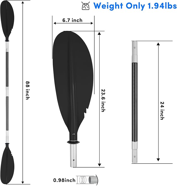 Kayak Paddle,88in 4 Pieces Boat Oars Kayak Paddles,Heavy Duty Aluminum Alloy Shaft Float Lightweight Detachable Adjustable Fishing Kayak Paddle for Adults with Paddle Leash(8 Color ，1Pack,2Pack)