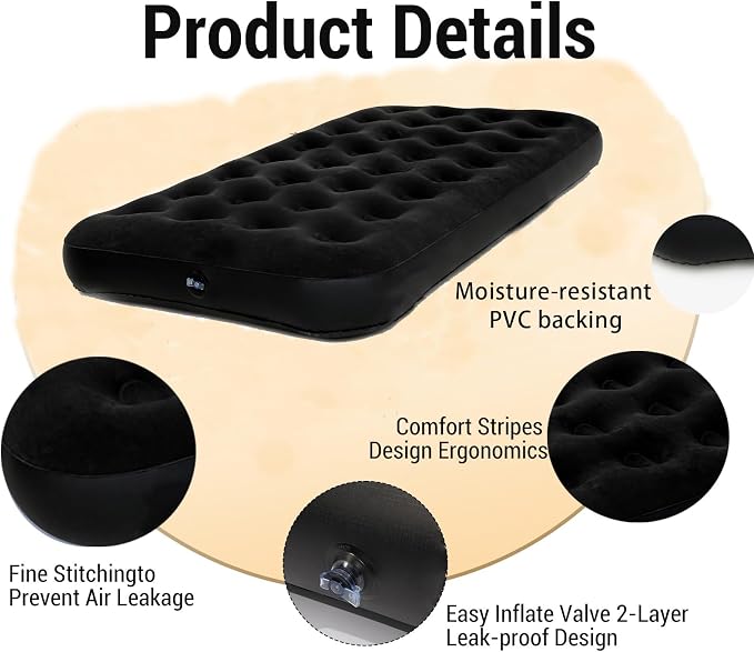 Onirii Twin Size Single Camping Air Mattress Bed with Air Pump | 75"x 39"Thickened Portable Inflatable Mattress Blow Up Air Mattress,Travel Sleeping Bed Pad for Camping Home Hiking(Black)