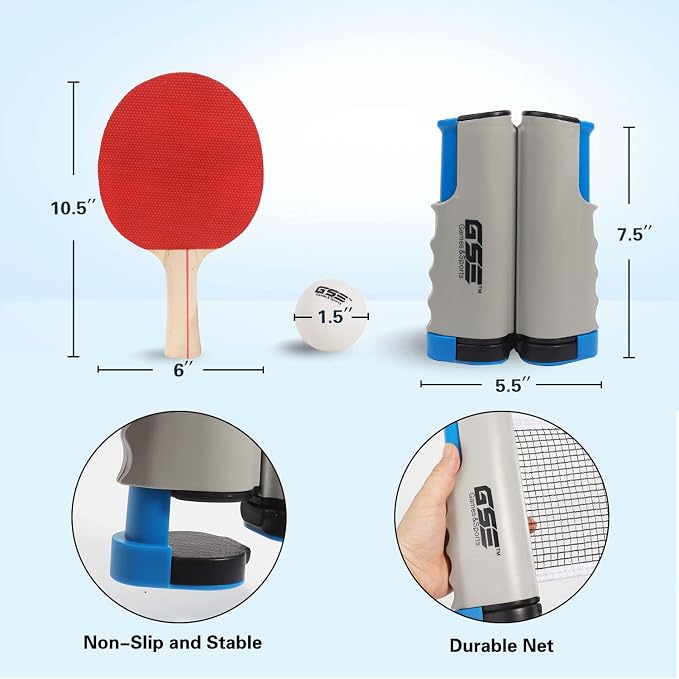 GSE Games & Sports Expert Adjustable Retractable Ping Pong Net Set & Post. Professional Table Tennis Rackets and Balls, Net with Posts and Storage Bag - Pingpong Paddle and Game Table Accessories. | Adjustable