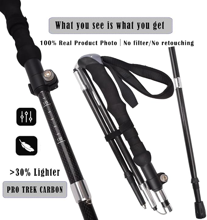 Ultralight 7.6oz 100% Carbon Fiber Trekking Poles, 2-Pack Collapsible Anti-Shock Hiking Poles with Tungsten Carbide Tips & EVA Foam Grip, Compact for Backpacking, Camping, Mountaineering