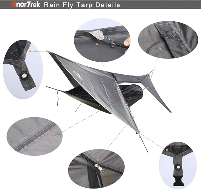 AnorTrek Camping Hammock with Mosquito Net and Rain Fly Tarp, Portable Double Hammock with Two Tree Straps, 230T Nylon Hammock and Waterproof Rain Fly Set for Hiking, Backpacking, Overnight (Blue)