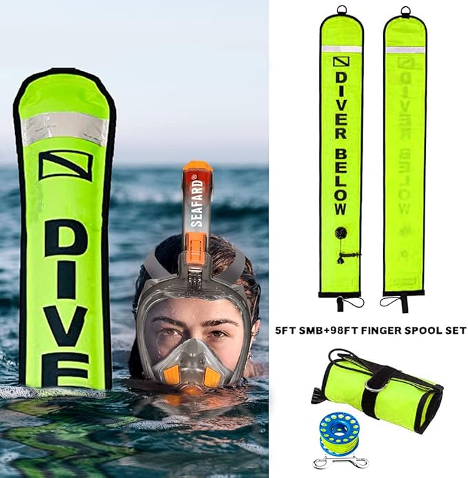 5ft Yellow Scuba Diving Open Bottom Surface Marker Buoy (SMB) with 98ft Finger Spool Alloy Dive Reel and Double Ended Bolt Clip Blue