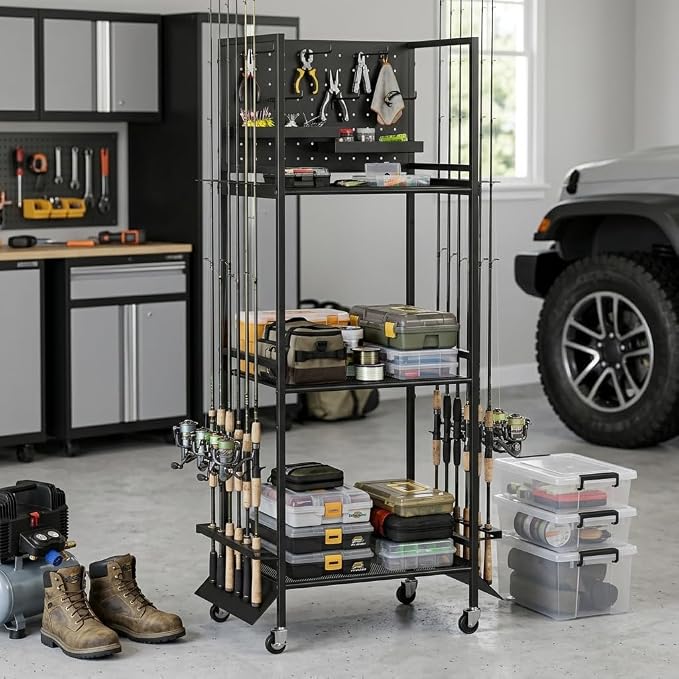 12-Rod Fishing Pole Holders for Garage, 3-Shelf Fishing Rod Holder with Pegboard and Trays, 360° Rotatable, Rolling Fishing Storage Cart with Wheels for Tackle Box & Fishing Gear Organization
