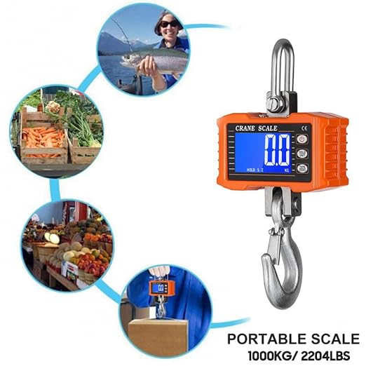 Geevorks Digital Hanging Scales Portable Heavy Duty Crane Scale,Industrial Precision Digital Hanging Scale1000KG (2204lbs),LCD Backlight,with Unit Change/Data Hold/Tare/Zero