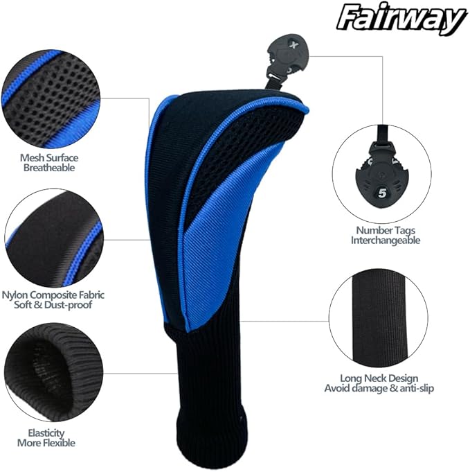 Golf Club Head Covers for Woods 3/4/5/6 Pieces Long Neck Mesh Sports Golf Club Headcovers Set with Interchangeable No. Tags 3 4 5 6 7 X Golf Accessories for Men Women