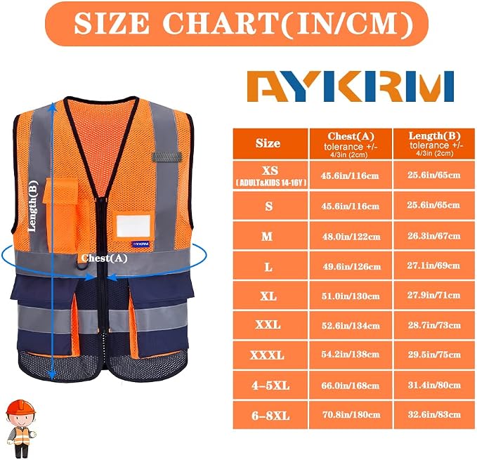 A-SAFETY High Visibility Safety Vest with 4 Reflective Strips 7 Pockets,Orange&Navy Mesh X-Small