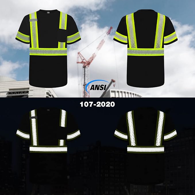 TCCFCCT Construction Shirts Class 2 High Visibility Shirts for Men, Hi Vis Reflective Safety Shirts for Men Women, Short Sleeve Work Shirts with Green Extend Edge, Durable & Breathable, DT-Black M