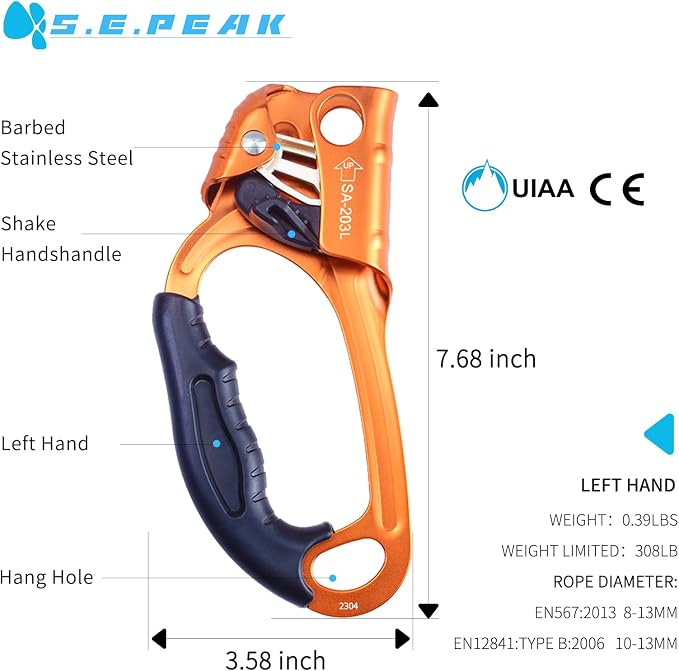 UIAA & CE Certified Climbing Rappelling Equip Hand Ascender Left Right Hand for 8-13mm Rope 4kN