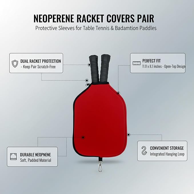 2-Pack Neoprene Racket Covers for Table Tennis & Badminton, Protective Storage Sleeves with Hanging Loop, Scratch-Resistant Paddle Cases