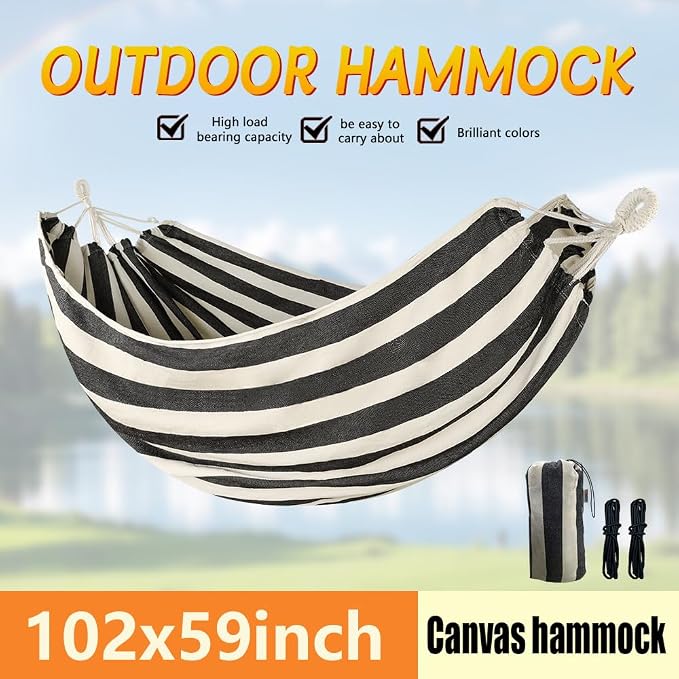 Cotton Canvas Hammock, Comfortable Fabric Camping Hammock with Tree Straps, Up to 440lbs with Travel Bag for Camping Outdoor/Indoor Patio Backyard(Black&White, Without bar)