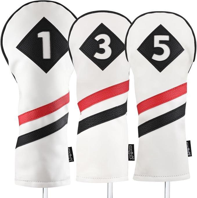 Majek Retro Golf Headcovers White Red and Black Vintage Leather Style 1 3 5 Driver and Fairway Head Covers Fits 460cc Drivers Classic Look
