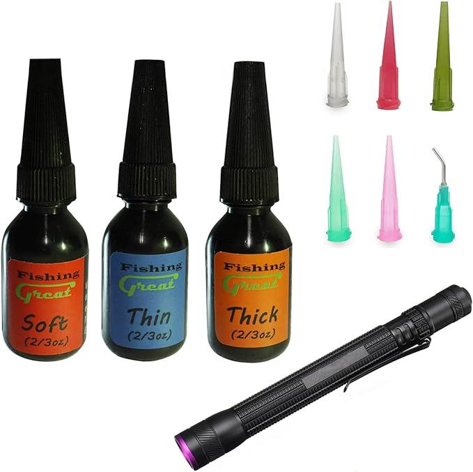 GREATFISHING Fly Tying UV Clear Glue and Power Light Combo Three Bottles Thick Thin and Soft +12 LED Light for Building Flies Heads Bodies Wings and Gluing Eyes