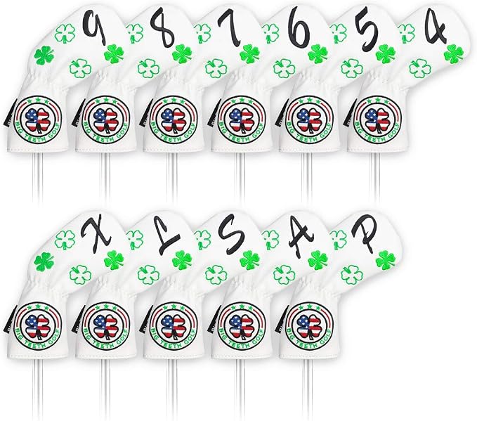 Big Teeth Golf Cover Lucky Clover Headcover Covers, Driver Fairway Wood Hybrid Headcovers Fits Blade Mallet Putter Iron and Woods with Magnetic White Shamrock Head Club Protector Leather