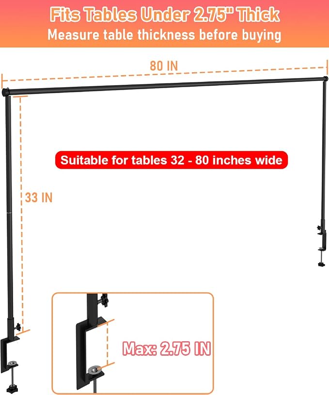 32-80 Inch Length Over the Table Rod Stand with Clamps, Adjustable Metal Balloon Flower Decorating Arch for Wedding, Birthday, Party Decoration, Black