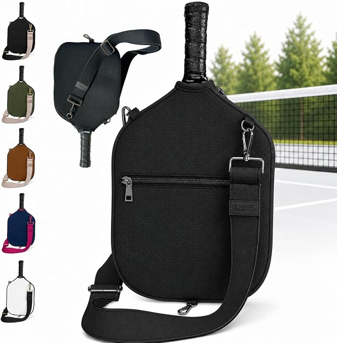 Posh Pickler Crossbody Neoprene Pickleball Bag - Paddle Cover with Adjustable Strap, Built-in Pocket for Essentials, Carabiner Fence Clip, Add-On Ready D-Rings, and Durable Design for Everyday Use
