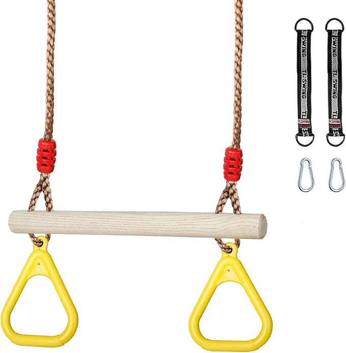 Trapeze Swing Bar with Rings, Wooden Trapeze Swing Bar with Plastic Gym Rings Adjustable Rope, Locking Straps, Outdoor Swing Set Playground Accessories for Kids (Yellow)