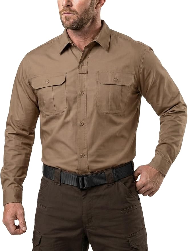 CQR Men's Long Sleeve Tactical Shirts, Ripstop Military Work Shirts, UPF 50+ Breathable Button Down Outdoor Hiking Shirt