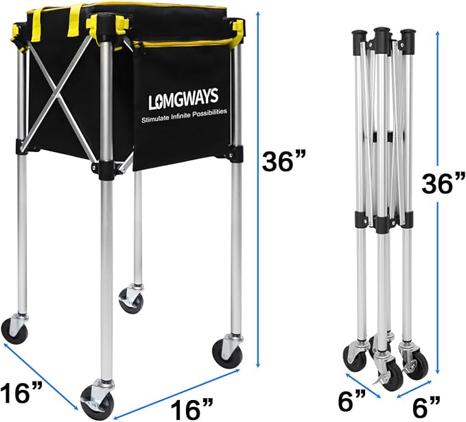 Pickleball Tennis Hopper–Foldable Cart Holds 180 Tennis/160 Pickleballs | Large Capacity |Lightweight with Wheels | Removable Bag| Side Pocket | Multi-Sport Use