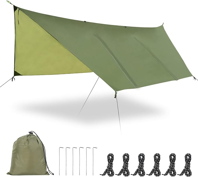 Hammock Rain Fly Tent Tarp (11x9ft) Large Ultralight Camping Tarps Waterproof Portable Backpacking Multifunctional Rain Cover for Outdoor Hiking, Picnic, Hammock, Car, Backpacking