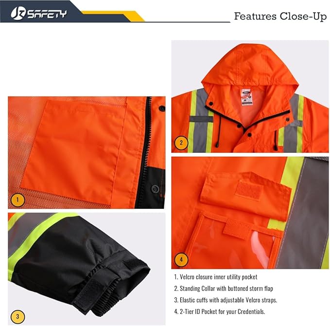 JKSafety Hi-Vis Reflective Safety Rain Jacket for Men Women Waterproof Rain Gears for Farming Fishing Work HV Rain Jacket with Inner Mesh Lining and Pockets (117A-OBlk 3XL)